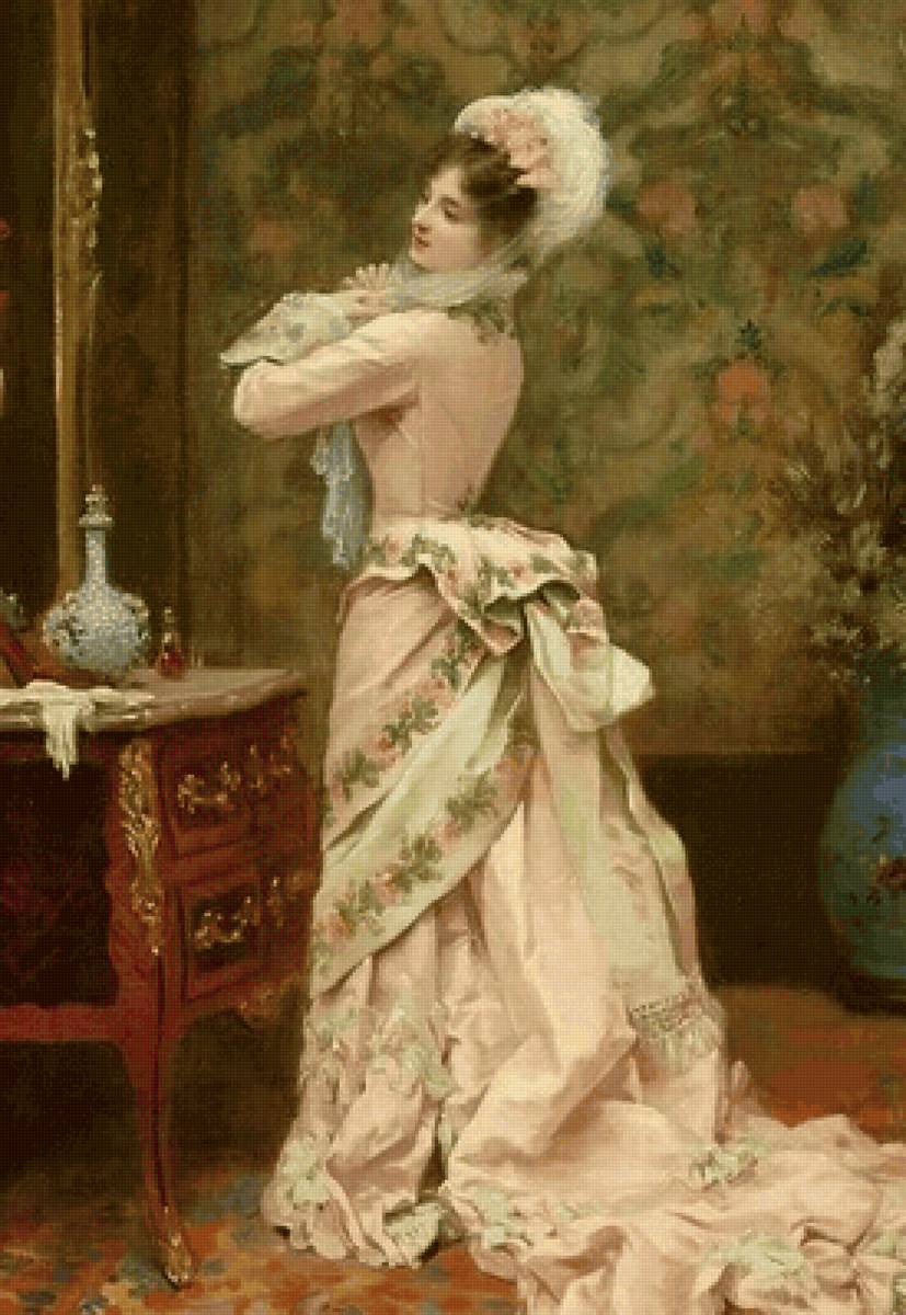 У зеркала. Jules James Rougeron - 19 век, дама, женщина, живопись, портрет, девушка - предпросмотр