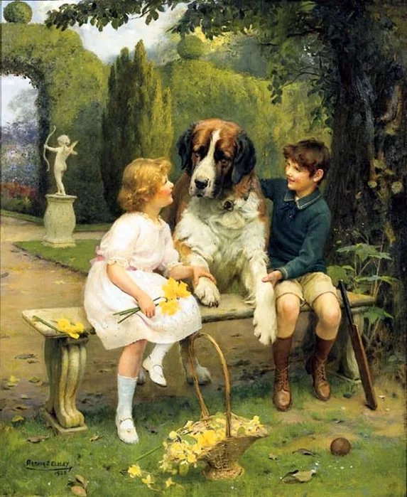 Лучшие друзья. Артур Джон Элсли - 19 век, мальчик, дети, живопись, собака, девочка - оригинал
