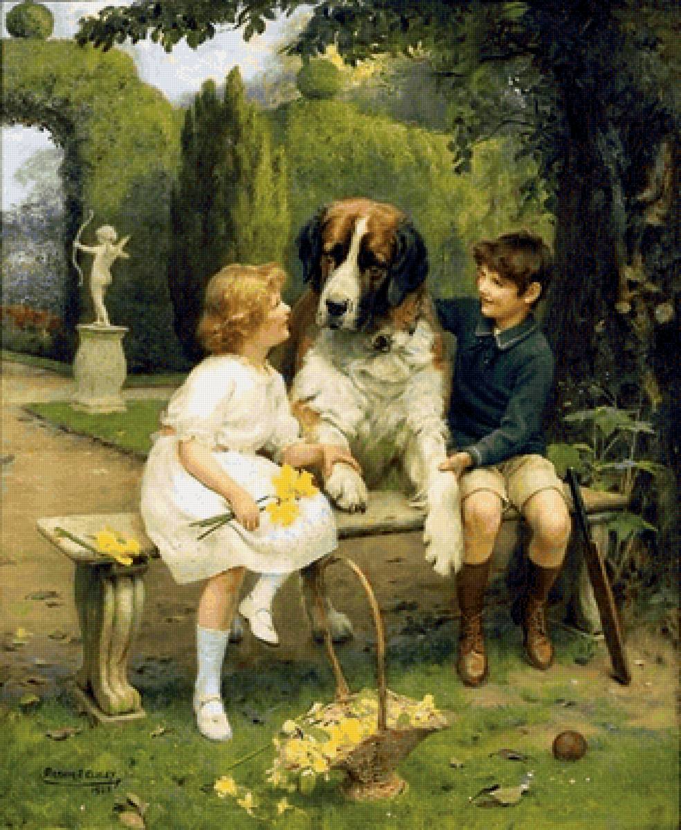 Лучшие друзья. Артур Джон Элсли - 19 век, собака, девочка, дети, мальчик, живопись - предпросмотр