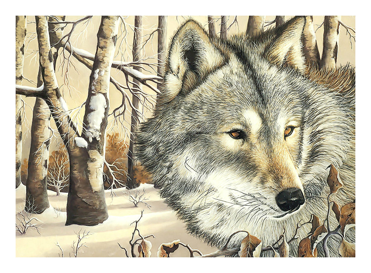 Волки в зимнем лесу. - животные, лес, березы, врлк, снег, живопись, зима - оригинал
