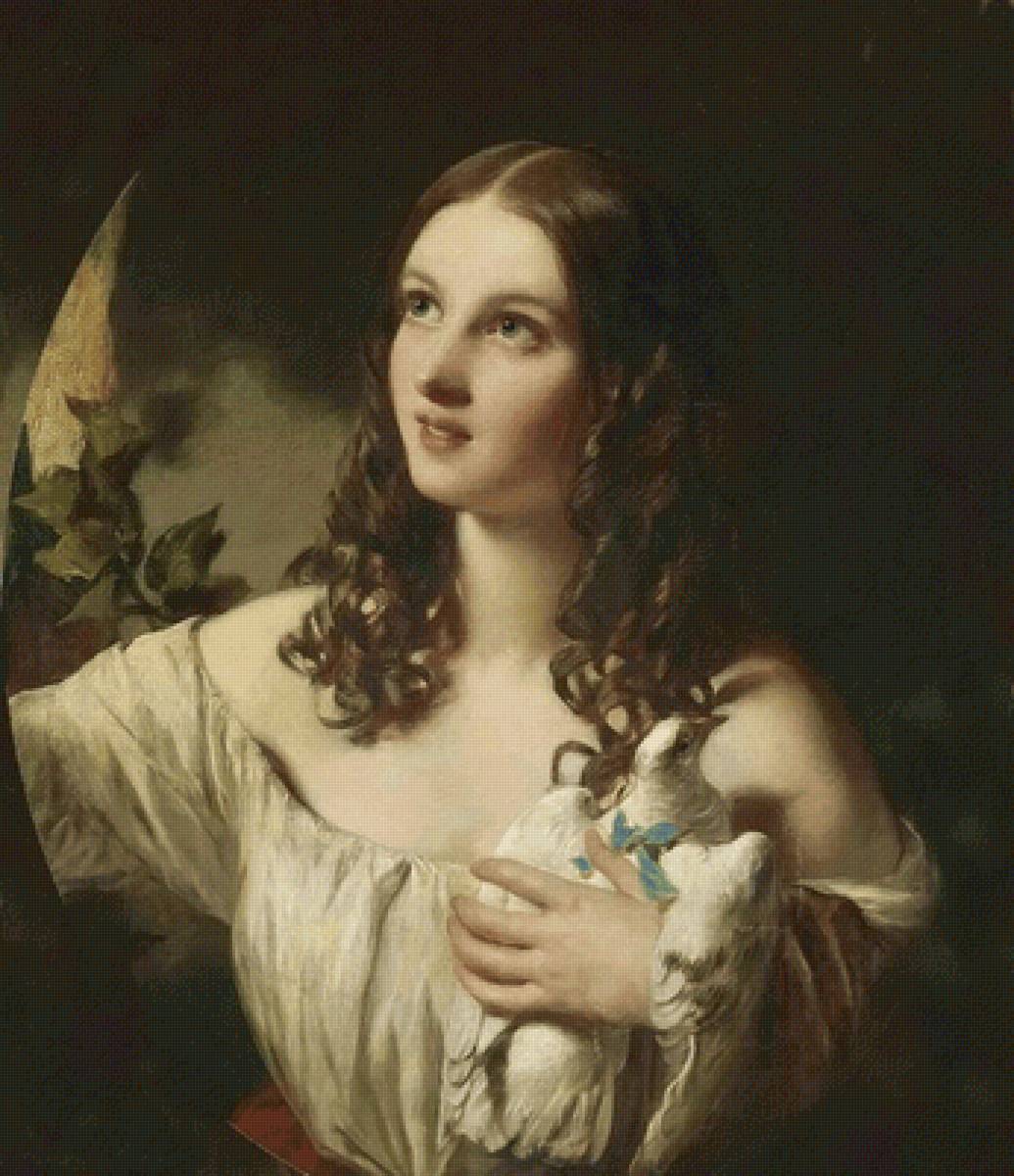 Девушка с голубем. Сэнт Джеймс - голубь, 19 век, живопись, портрет, девушка - предпросмотр