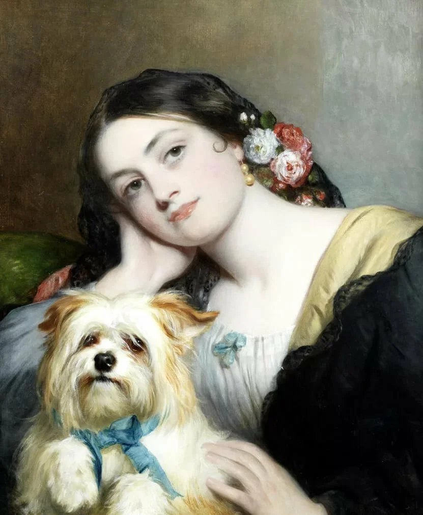 Девушка с собакой. Чарльз Бакстер - девушка, 19 век, живопись, собака, портрет - оригинал