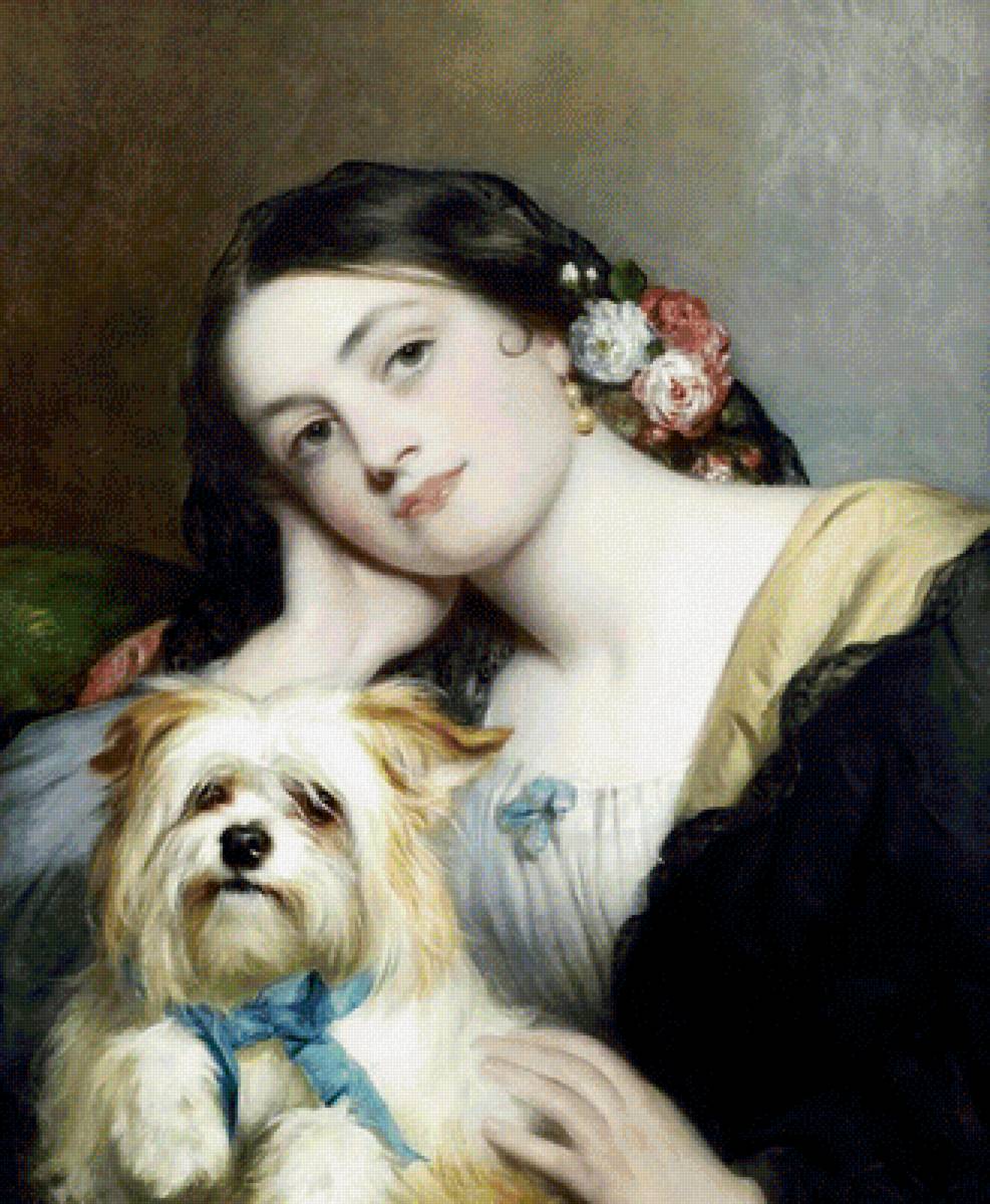 Девушка с собакой. Чарльз Бакстер - 19 век, живопись, портрет, собака, девушка - предпросмотр