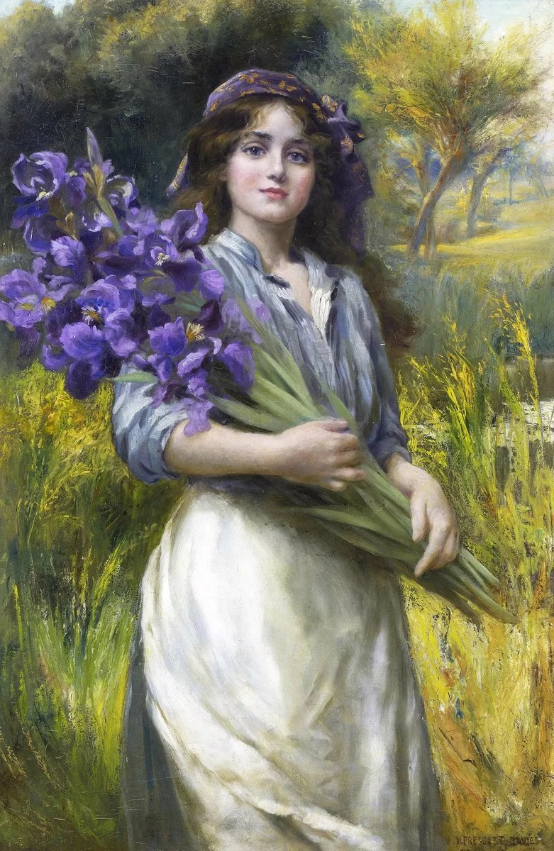 Девушка с букетом ирисов. Эмиль Вернон - цветы, девушка, 19 век, портрет, живопись - оригинал