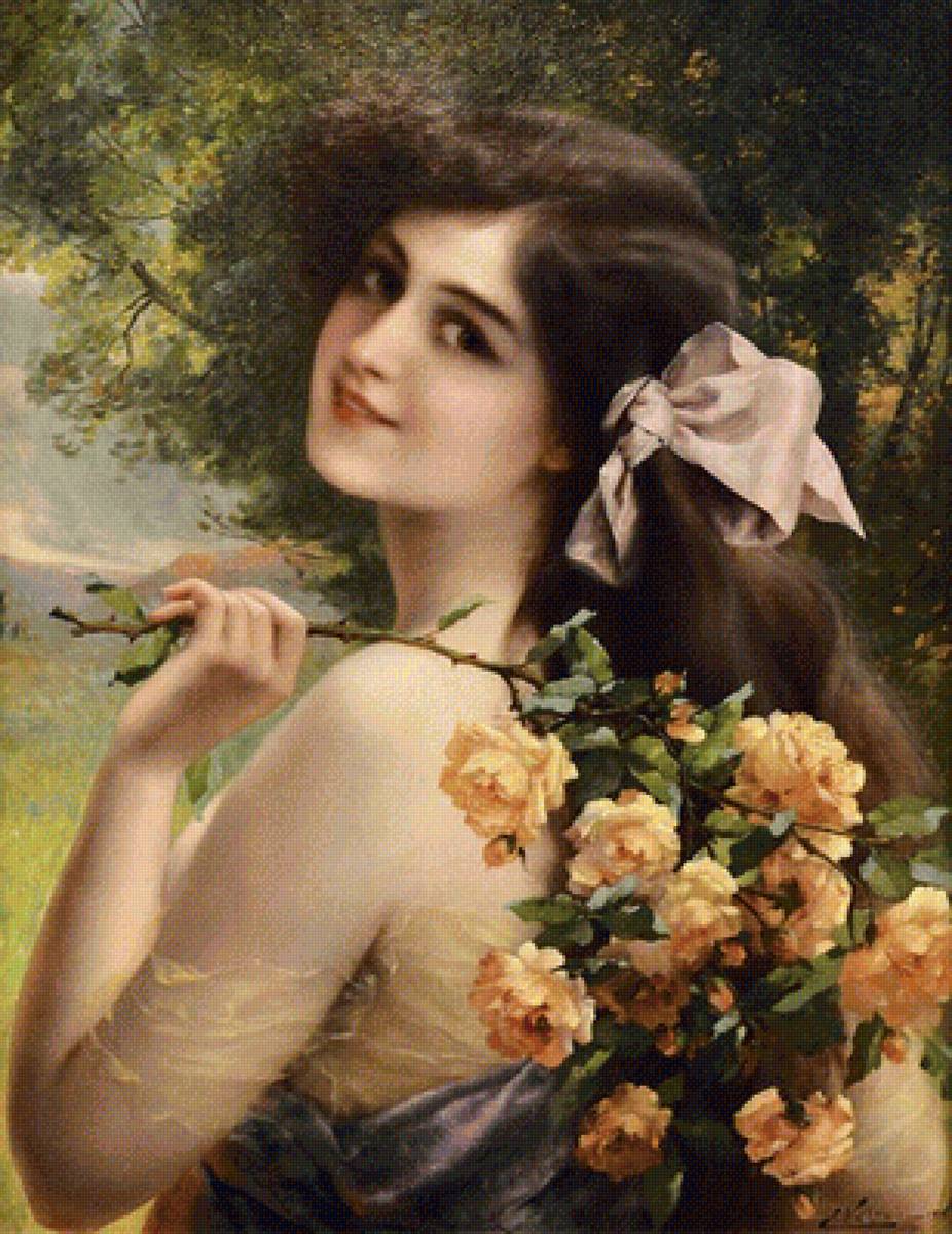 Девушка с розой. Эмиль Вернон - девушка, 19 век, живопись, портрет, цветы - предпросмотр