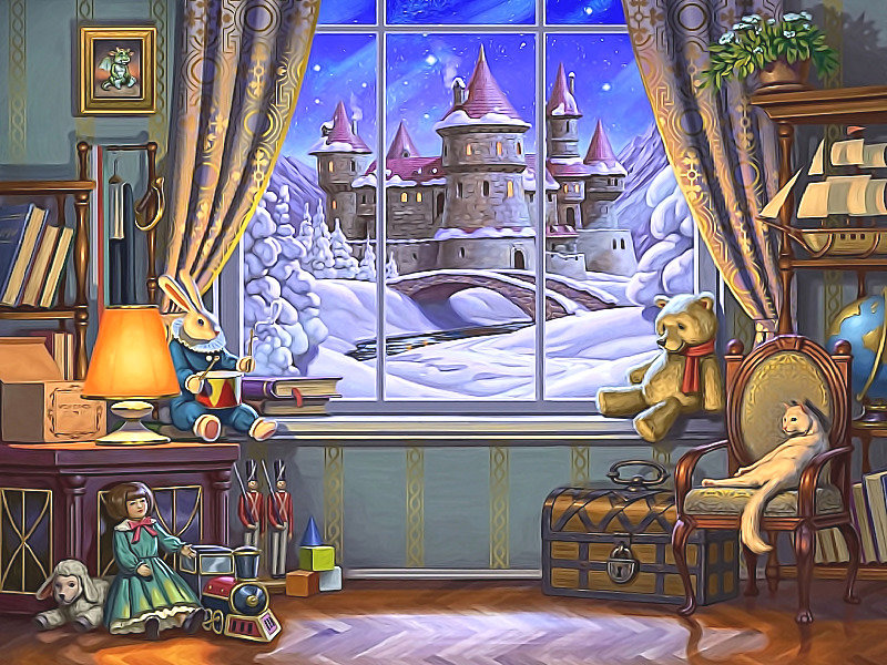 Сказочная ночь - комната, зима, замок, окно, игрушки, ночь - оригинал