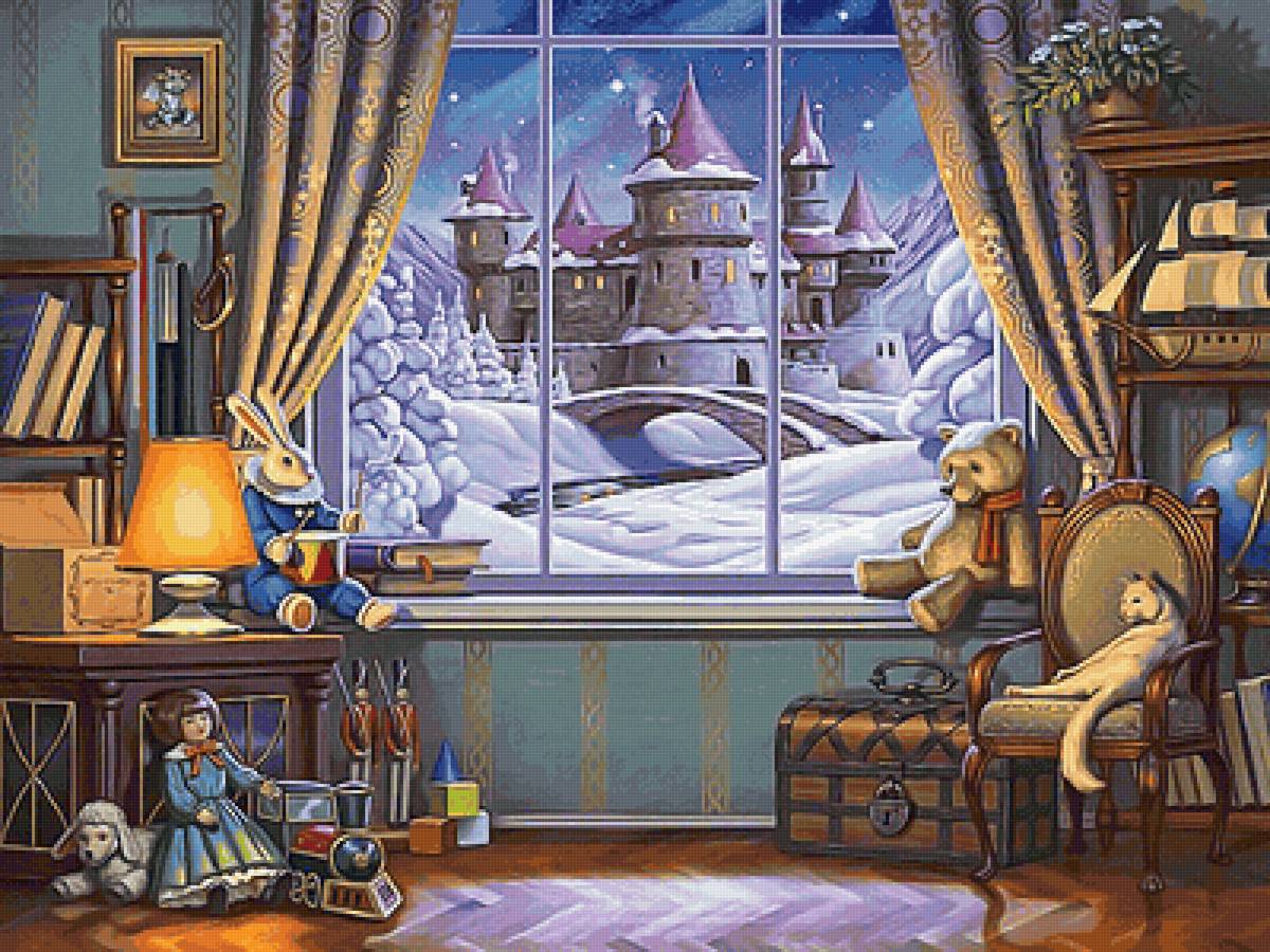 Сказочная ночь - зима, замок, комната, ночь, игрушки, окно - предпросмотр