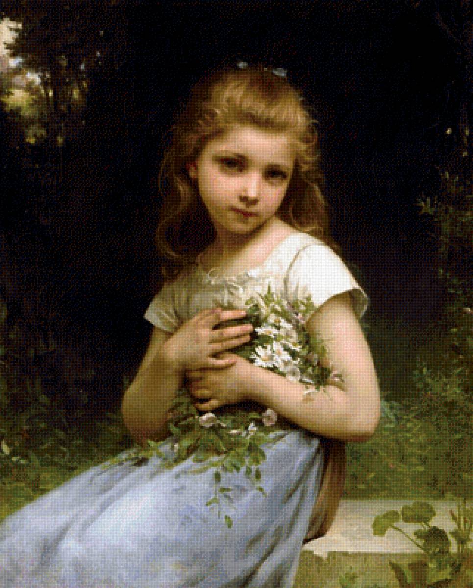 Девочка с ромашками. Жюль Сирил Кейв (Jules-Cyrille Cavé) - портрет, живопись, 19 век, девочка, цветы, ромашка, букет - предпросмотр