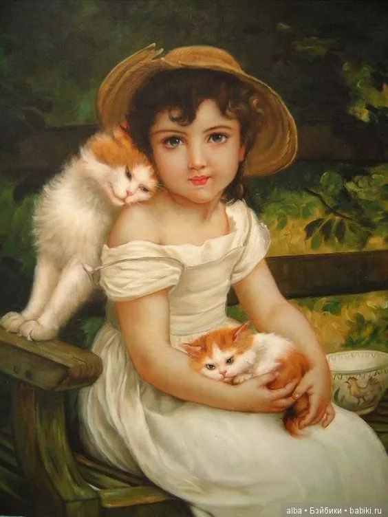 Девочка с котятами. Эмиль Мунье - 19 век, девочка, котенок, живопись, портрет - оригинал