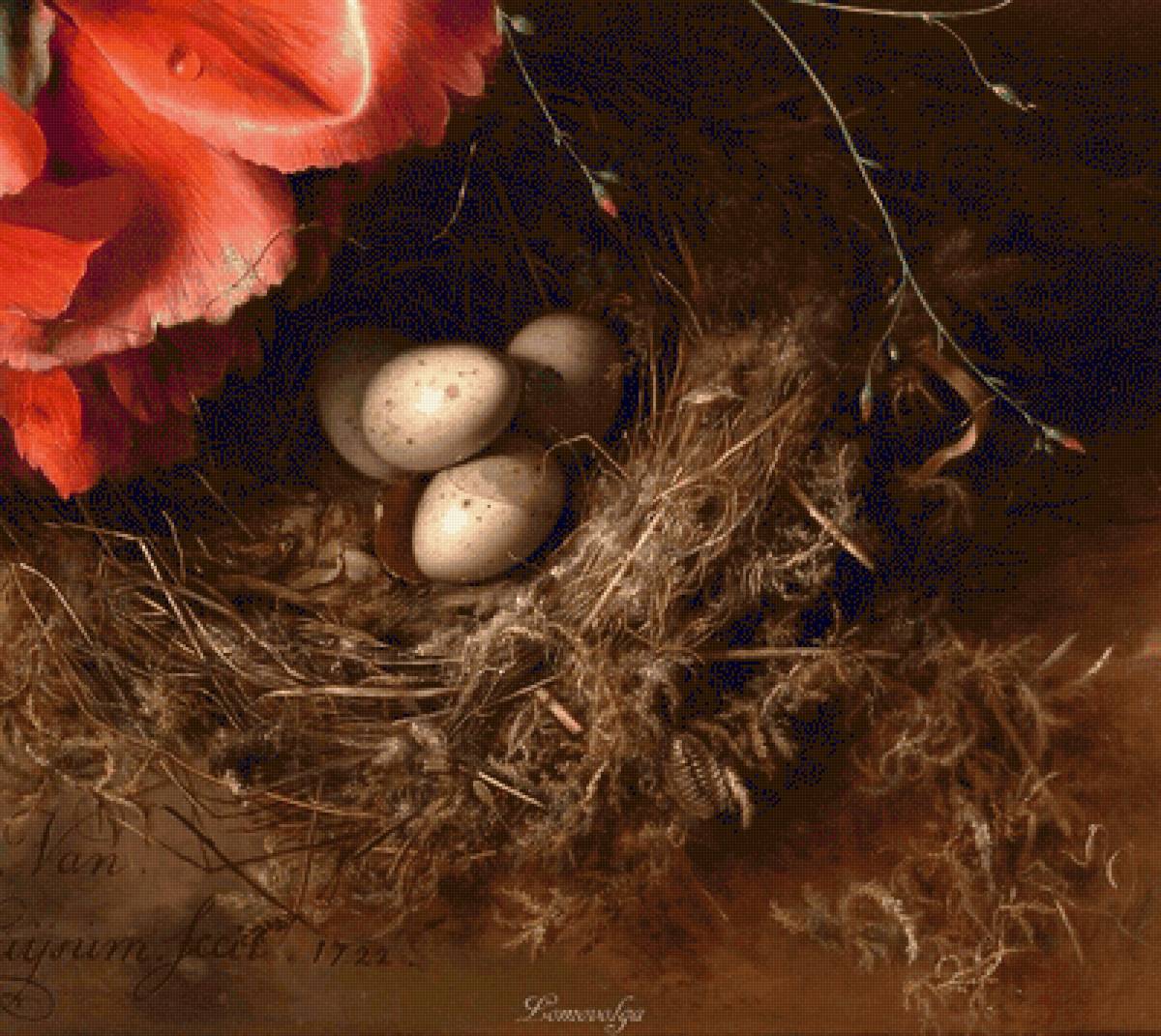 ЯН ВАН ХЕЙСУМ.БУКЕТ ЦВЕТОВ В ТЕРРАКОТОВОЙ ВАЗЕ С ГНЕЗДОМ-3 - парные картины, диптих, триптих - предпросмотр