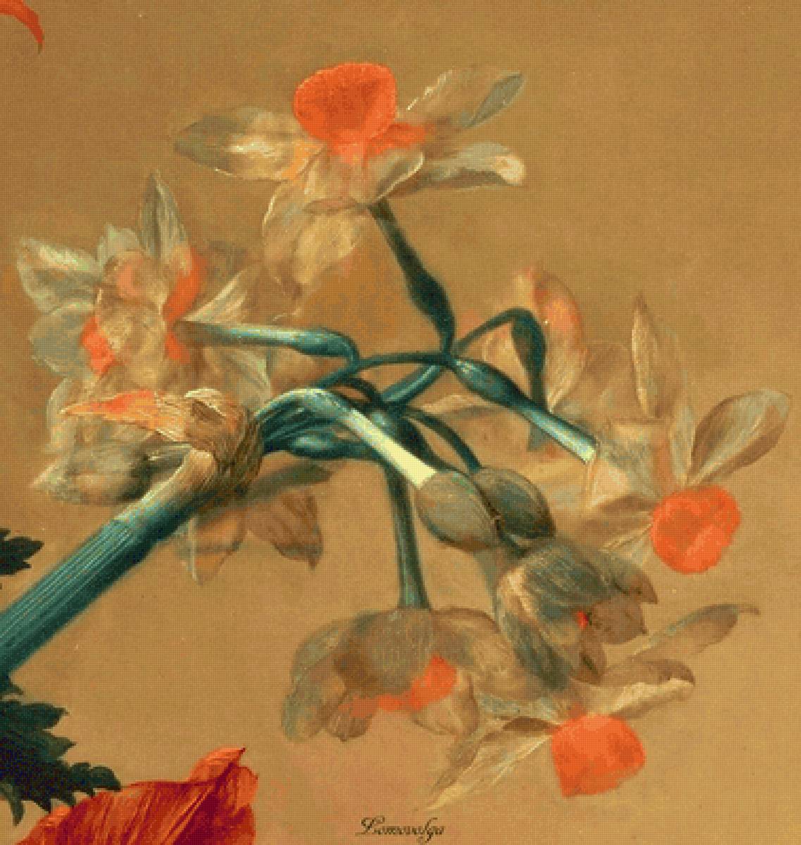 ЯН ВАН ХЕЙСУМ.БУКЕТ ЦВЕТОВ В ТЕРРАКОТОВОЙ ВАЗЕ С ГНЕЗДОМ-18 - парные картины, триптих, диптих - предпросмотр