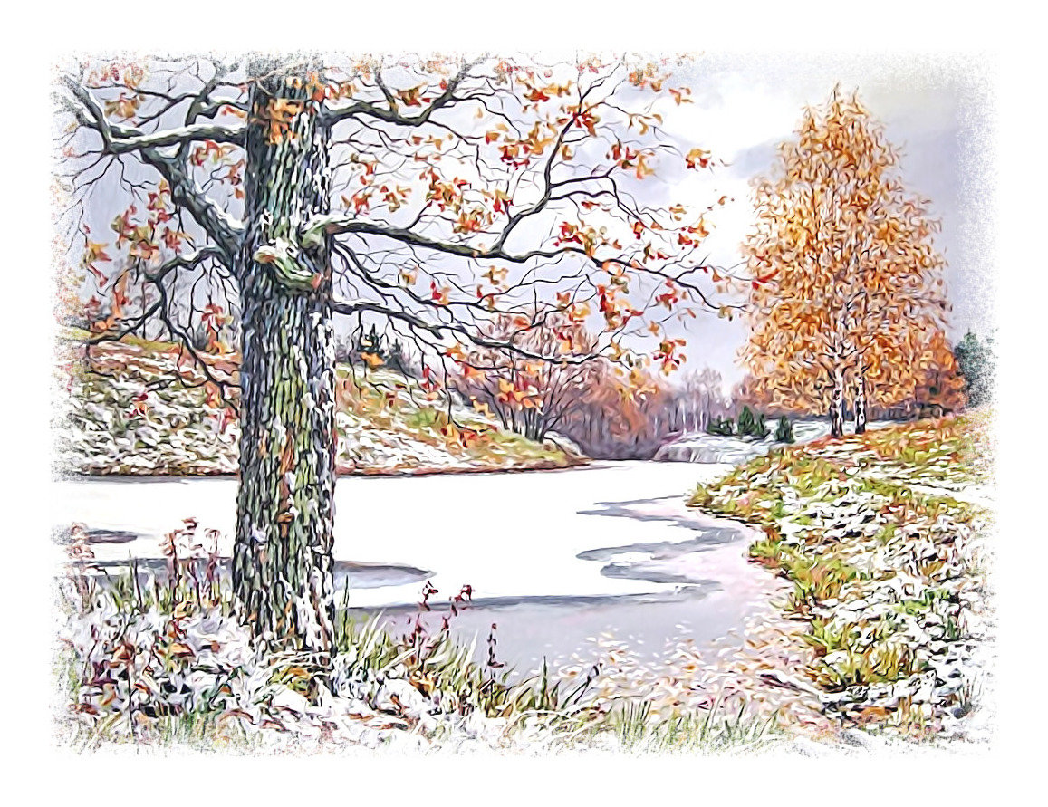 Первый снег - снег, березы, река, деревья, осень, пейзаж - оригинал