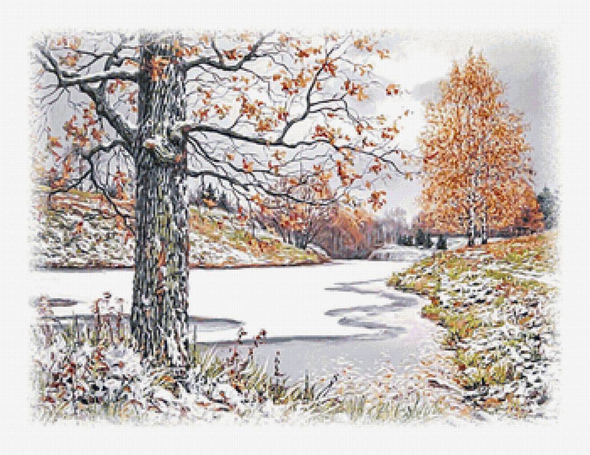 Первый снег - снег, березы, осень, деревья, пейзаж, река - предпросмотр