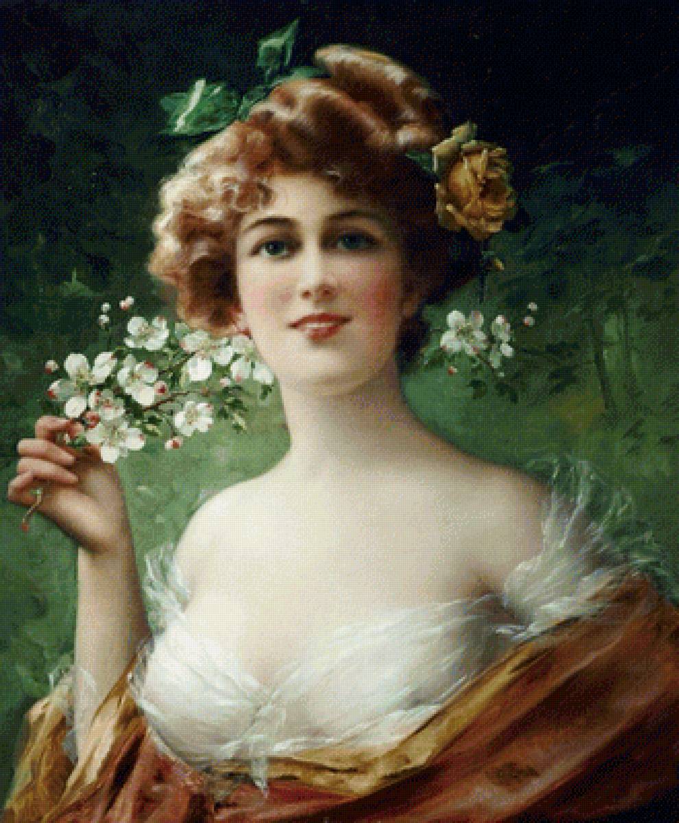 Девушка с цветущей веткой. Эмиль Вернон - девушка, живопись, 19 век, портрет - предпросмотр