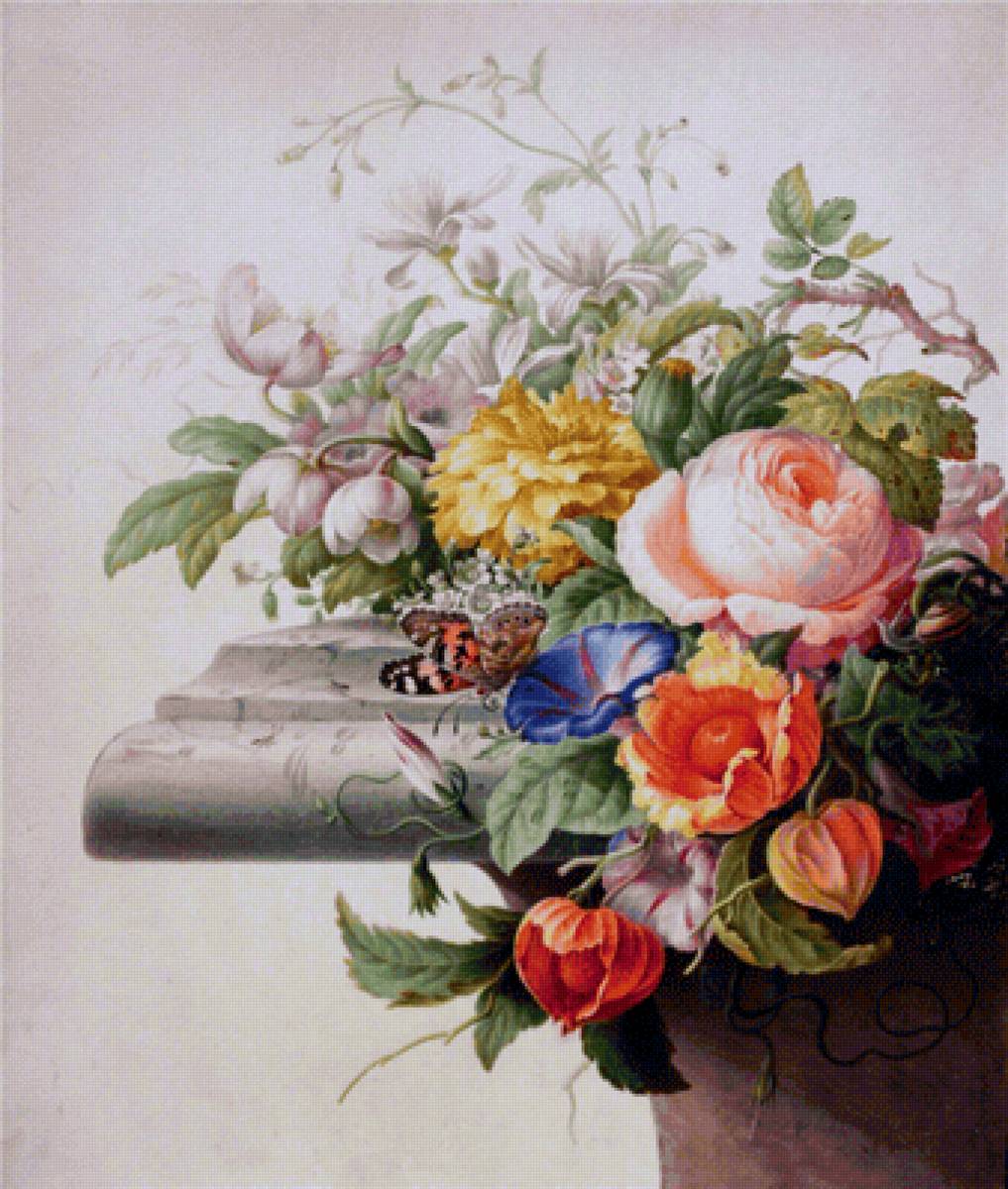 Натюрморт. Herman Henstenburgh - натюрморт, роза, живопись, цветы, бабочка, ваза - предпросмотр