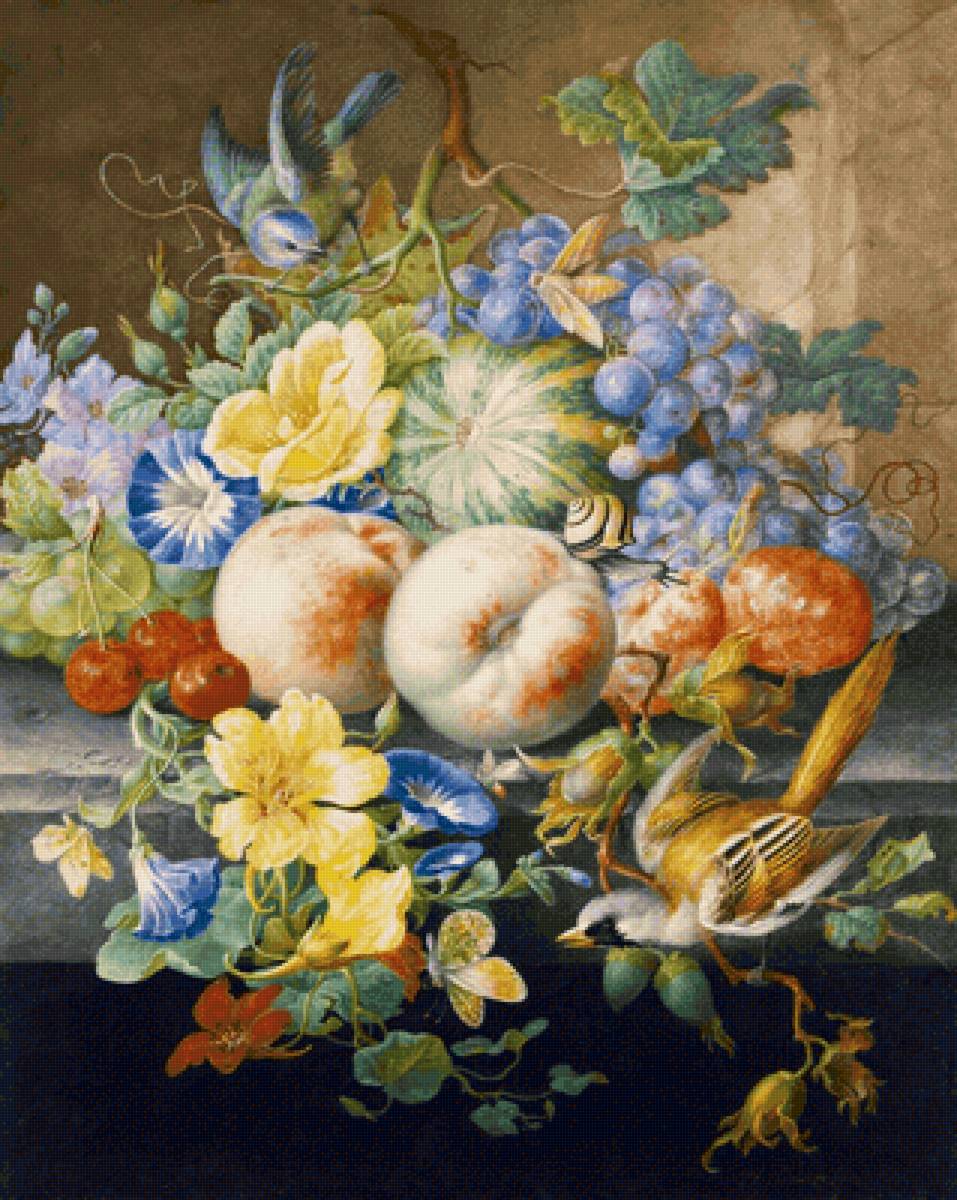 Натюрморт. Herman Henstenburgh - живопись, ваза, цветы, натюрморт, птички, фрукты - предпросмотр