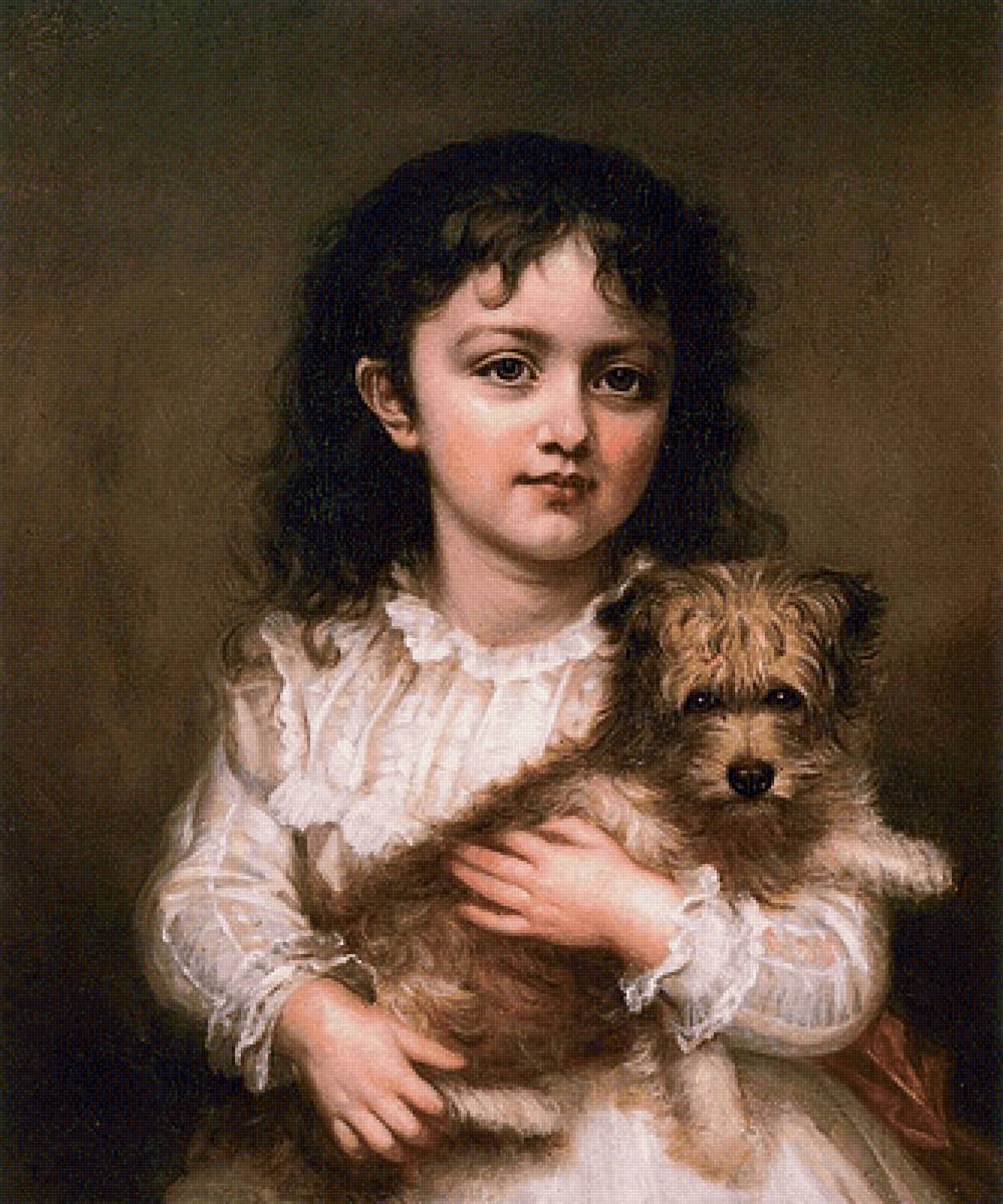 Девочка с собачкой. Seymour Joseph Guy - собака, девочка, портрет, 19 век, живопись - предпросмотр