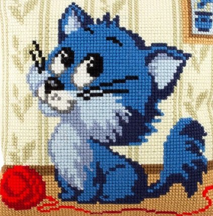 котик с нитками - схема для подушки - оригинал