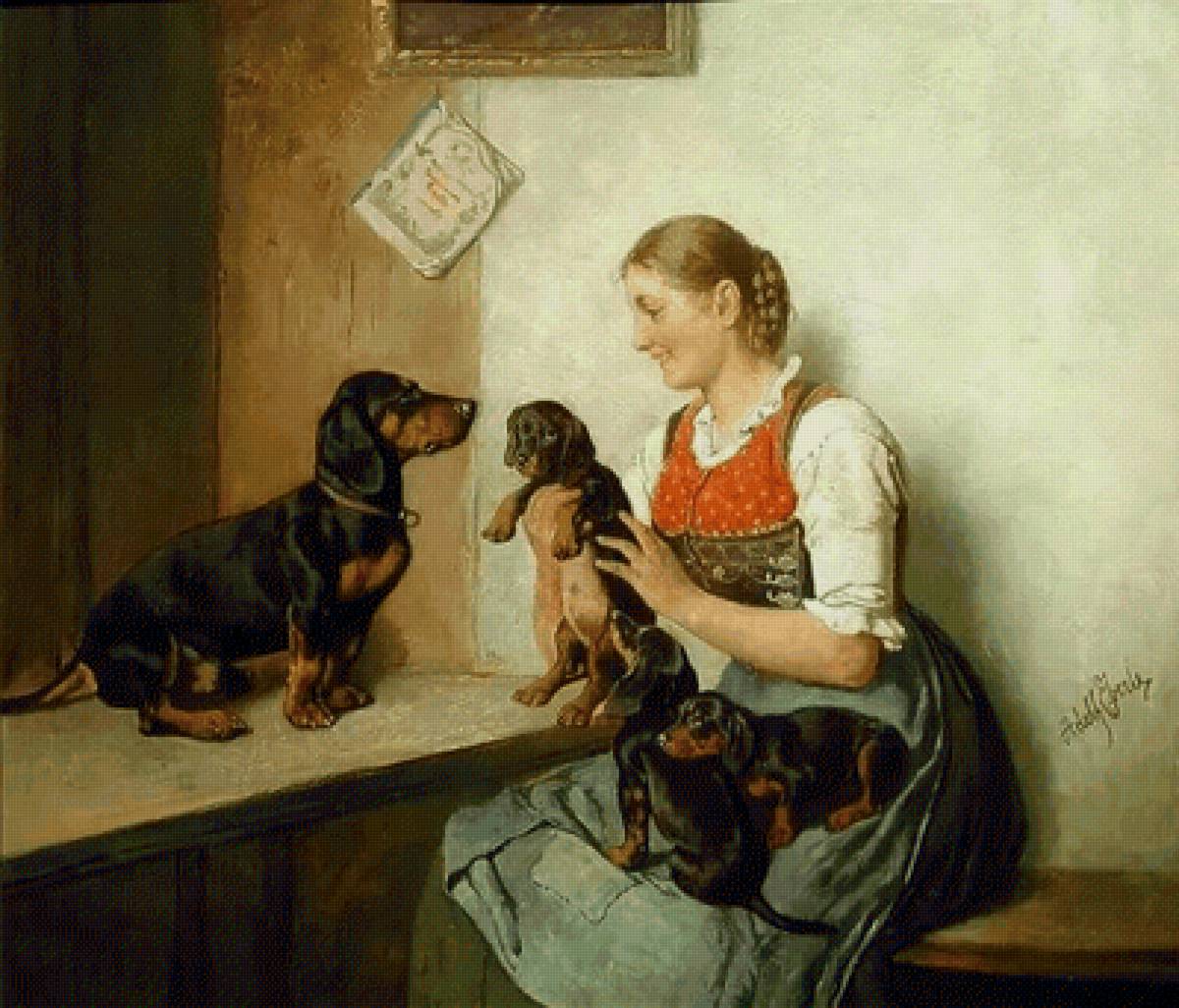 Адольф Эберле. Женщина с таксами - живопись, собака, 19 век, женщина - предпросмотр
