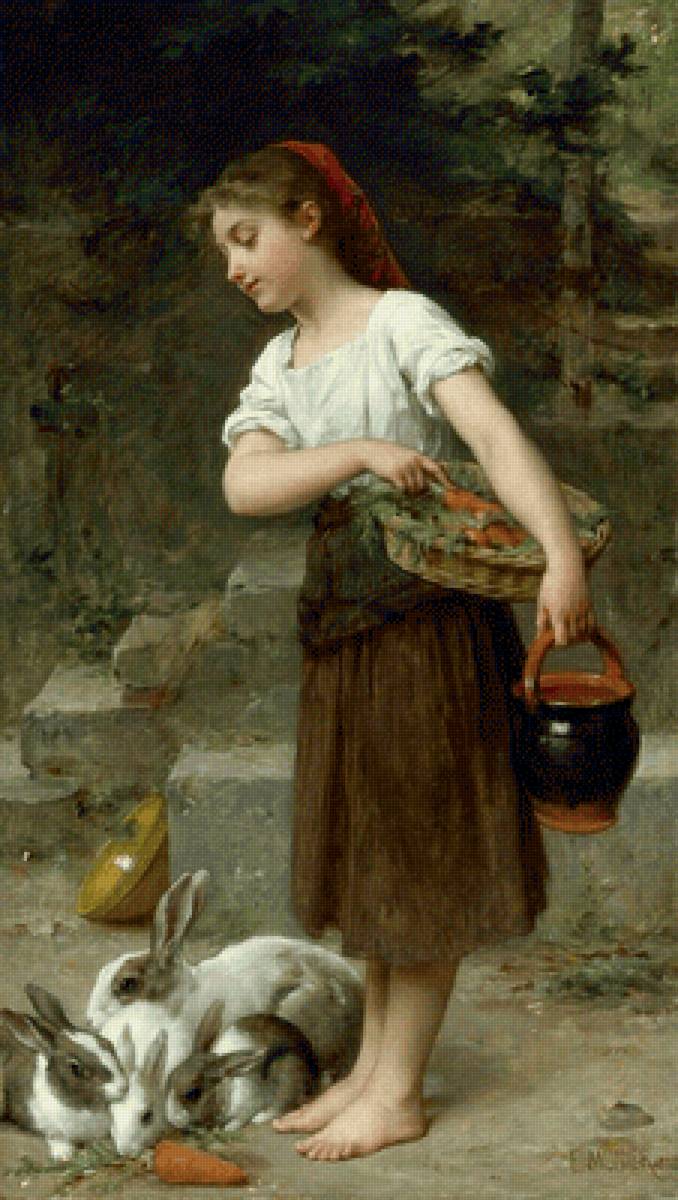 Девочка с кроликами. Эмиль Мунье - живопись, портрет, 19 век, кролик, девочка - предпросмотр