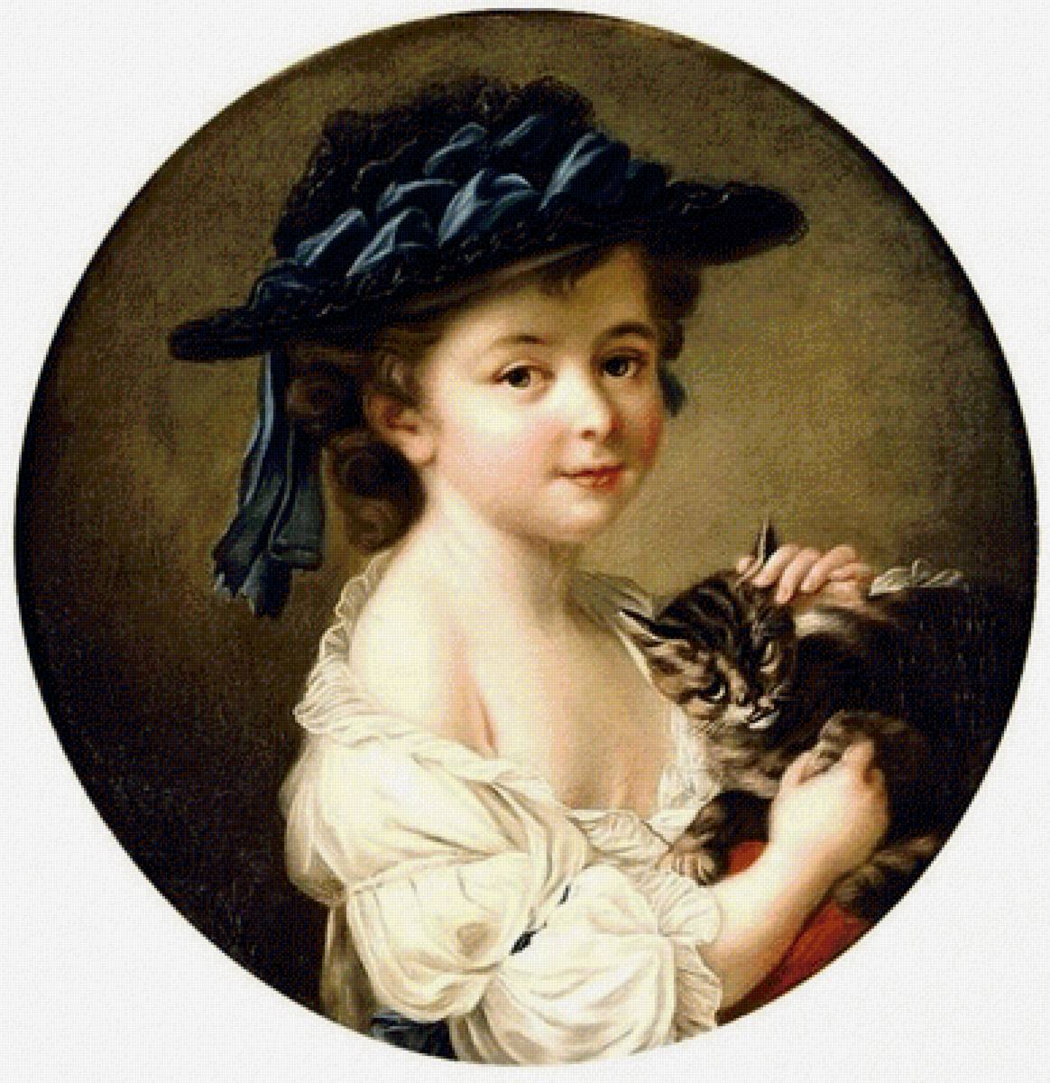 Франсуа-Юбер Друэ. Девочка с котёнком - котенок, живопись, портрет, девочка, 19 век - предпросмотр
