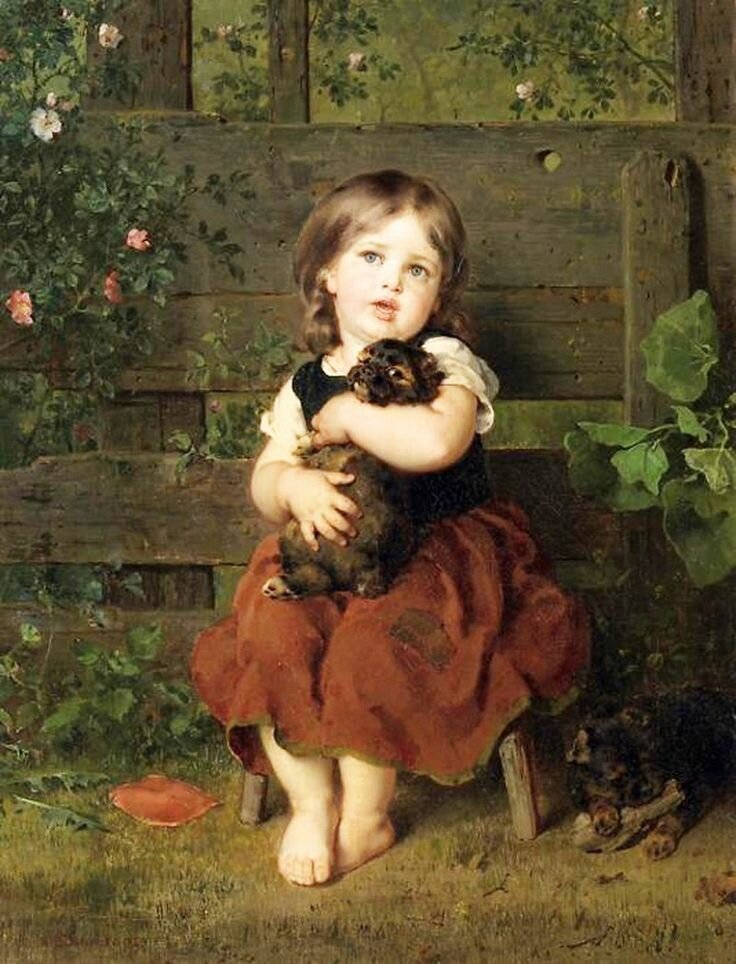 Девочка с щенками. Людвиг Кнаус - собака, 19 век, дети, девочка, живопись - оригинал