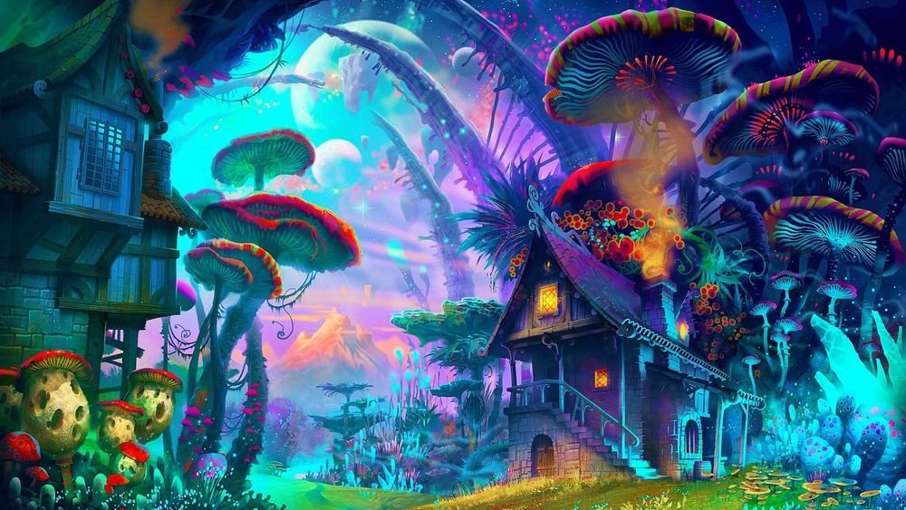 Фантастический грибной город - космос, город, фэнтези, грибы - оригинал