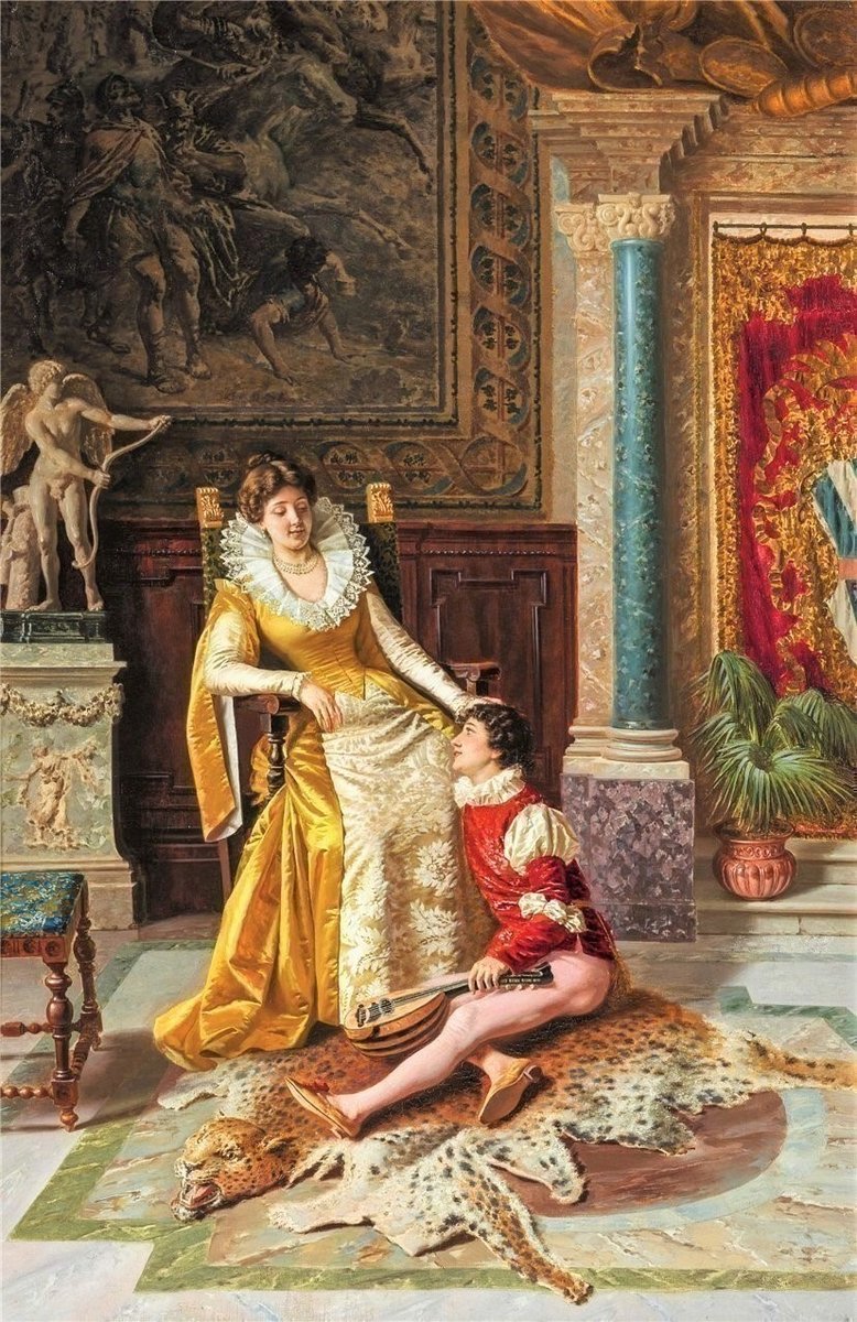 Королева и музыкант - живопись, музыкант, дама, дворец - оригинал