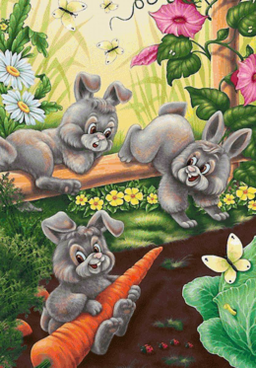 Зайки на огороде - зайцы, морковь, лето - предпросмотр