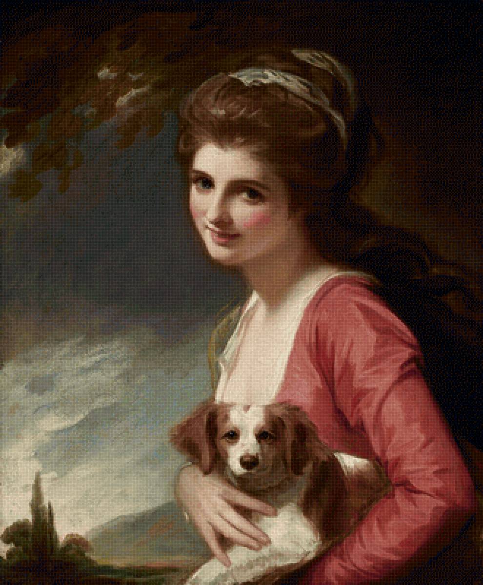 Джордж Ромни. Эмма Гамильтон - 19 век, девушка, живопись, портрет, собака - предпросмотр