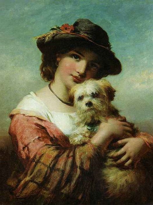 Девушка с собачкой. Джеймс Джон Хилл - девушка, живопись, собака, портрет, 19 век - оригинал
