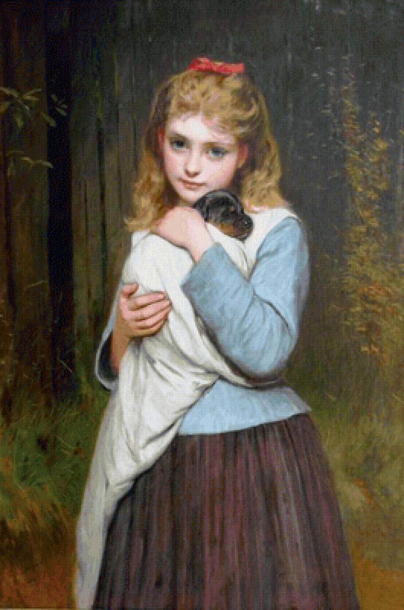 Девочка со щенком. Чарльз Александр Хирон - девочка, живопись, портрет, щенок, 19 век - предпросмотр