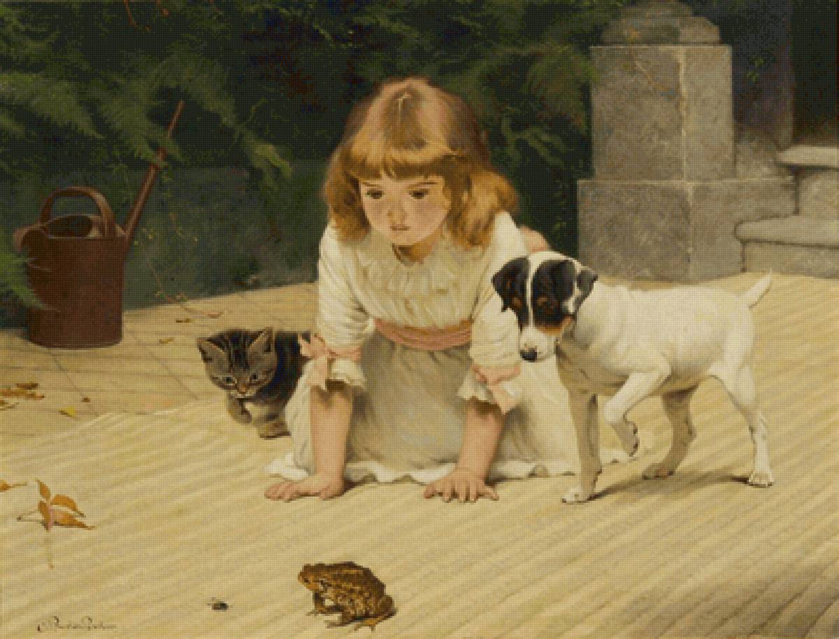 Незванный гость. Чарльз Бартон Барбер - 19 век, собака, девочка, кошка, живопись, лягушка, дети - предпросмотр