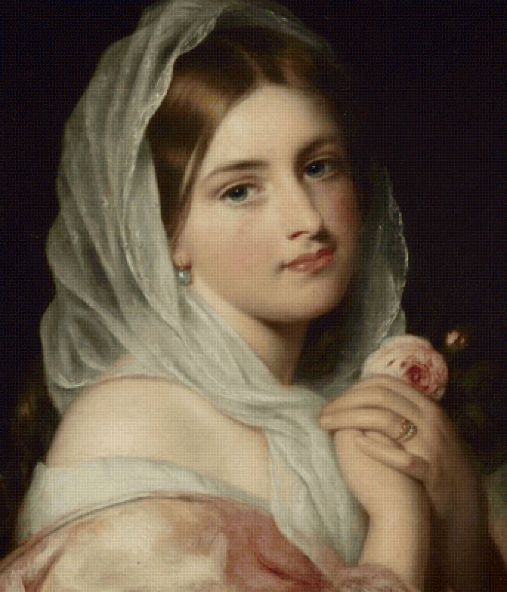Чарльз Бакстер. Дама с розой - женщина, дама, живопись, портрет, девушка, 19 век - предпросмотр