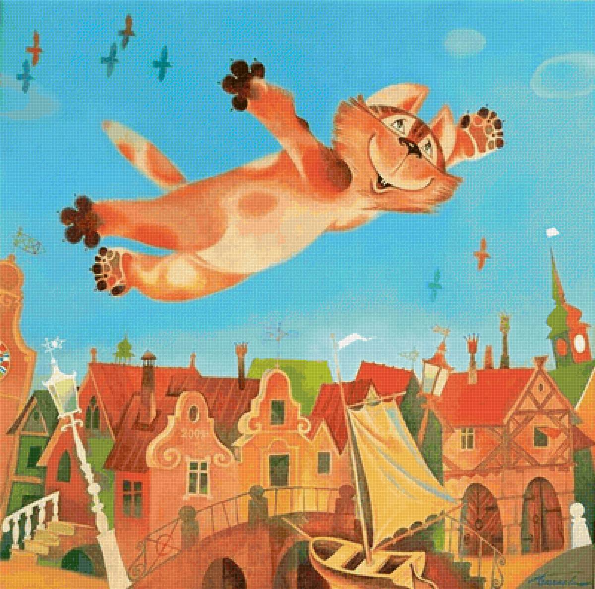 Кошки полетели. Летающие коты. Летающие коты картина. Летающий кот живопись. Рыжий город.