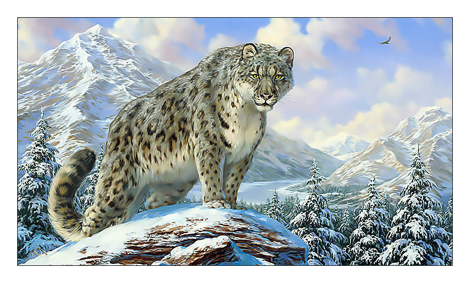 Снежный барс. - животные, ирбис, барс, горы, хищник, снег, живопись, пейзаж - оригинал