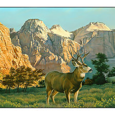Горный пейзаж с оленями.