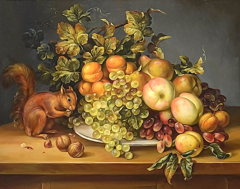 №2119450 - белочка, фрукты, виноград, персики, натюрморт - оригинал
