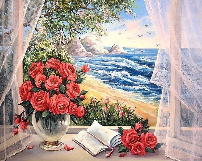 Вид из окна - море, цветы, пейзаж - оригинал