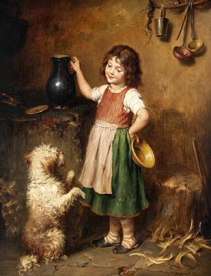 Девочка с собакой. Heinrich Hirt - девочка, собака, 19 век, живопись - оригинал