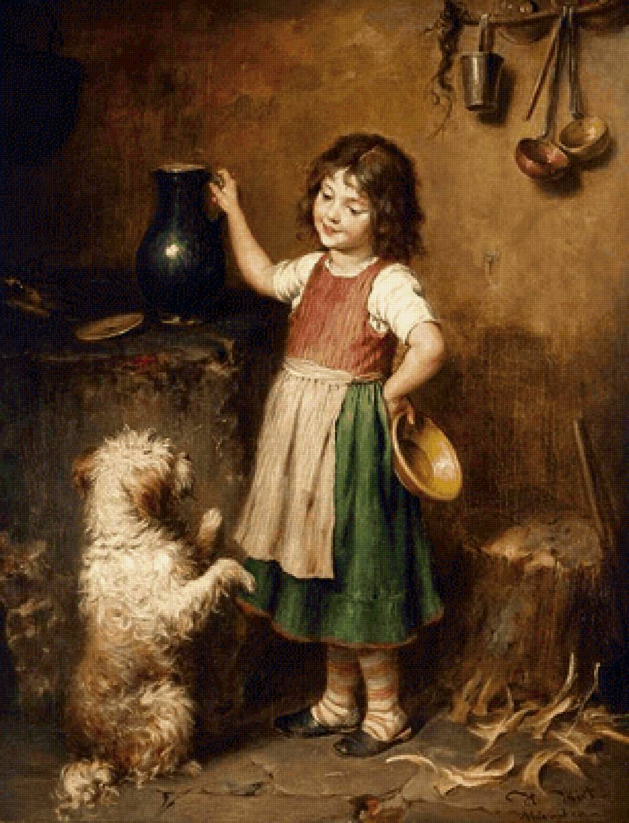 Девочка с собакой. Heinrich Hirt - 19 век, живопись, девочка, собака - предпросмотр