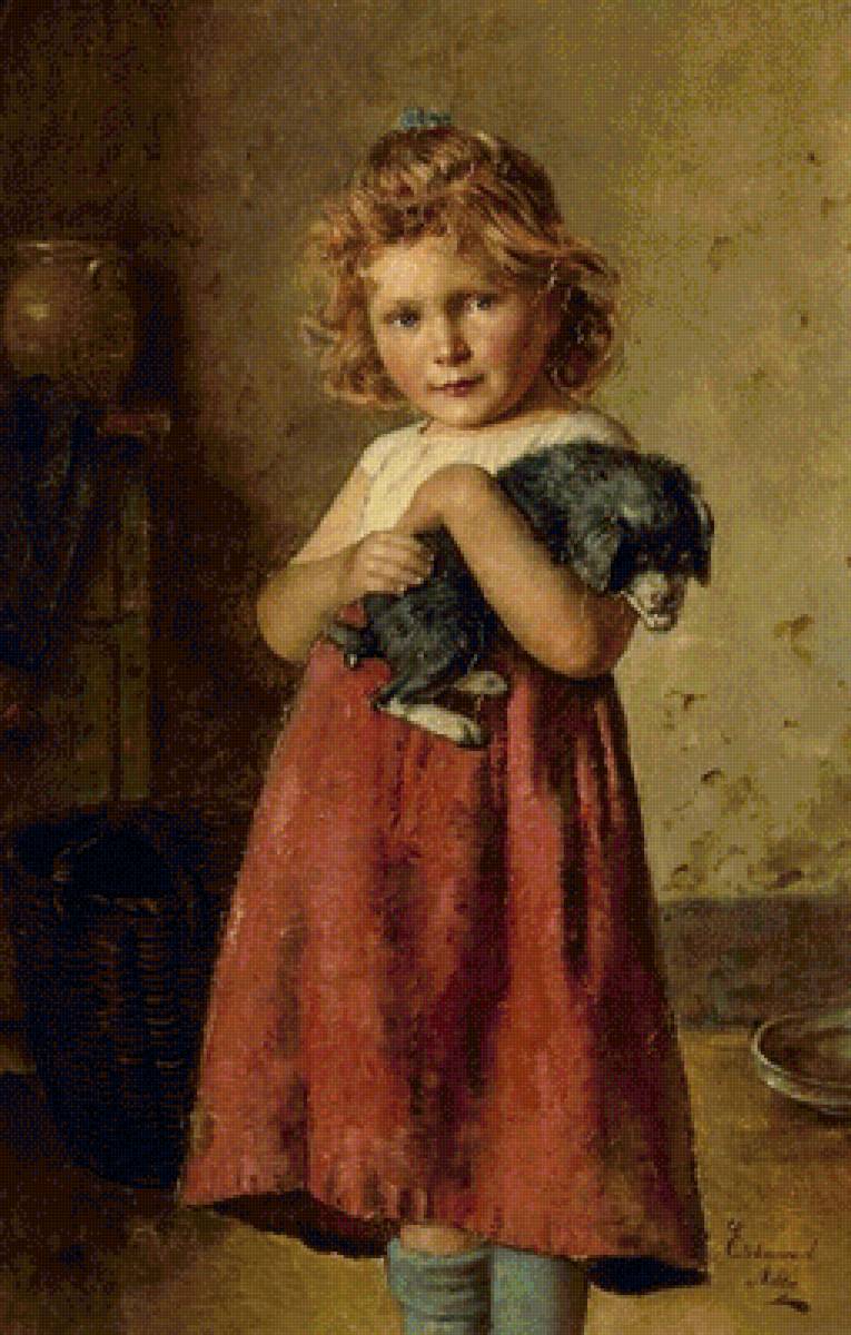 Девочка со щенком. Эдмунд Адлер - девочка, портрет, живопись, 19 век, собака - предпросмотр