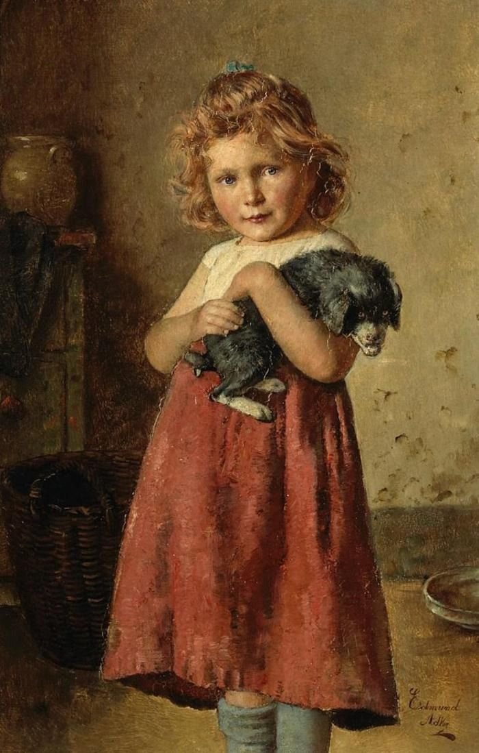 Девочка со щенком. Эдмунд Адлер - портрет, живопись, девочка, собака, 19 век - оригинал