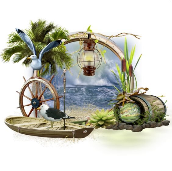 Морской коллаж - лодка, море, птицы - оригинал