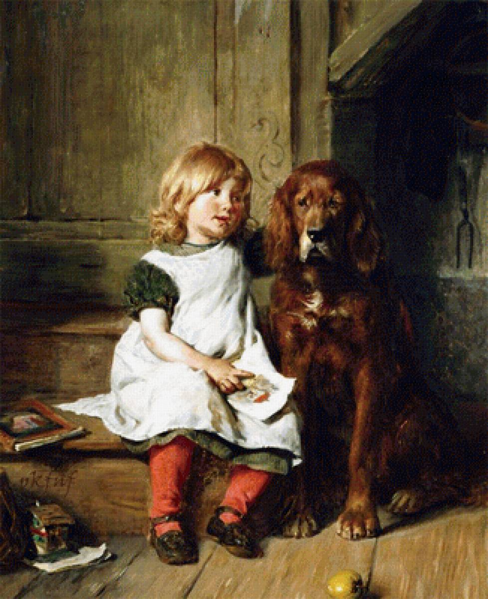 Девочка с собакой. Феликс Шлезингер - портрет, живопись, 19 век, девочка, собака - предпросмотр