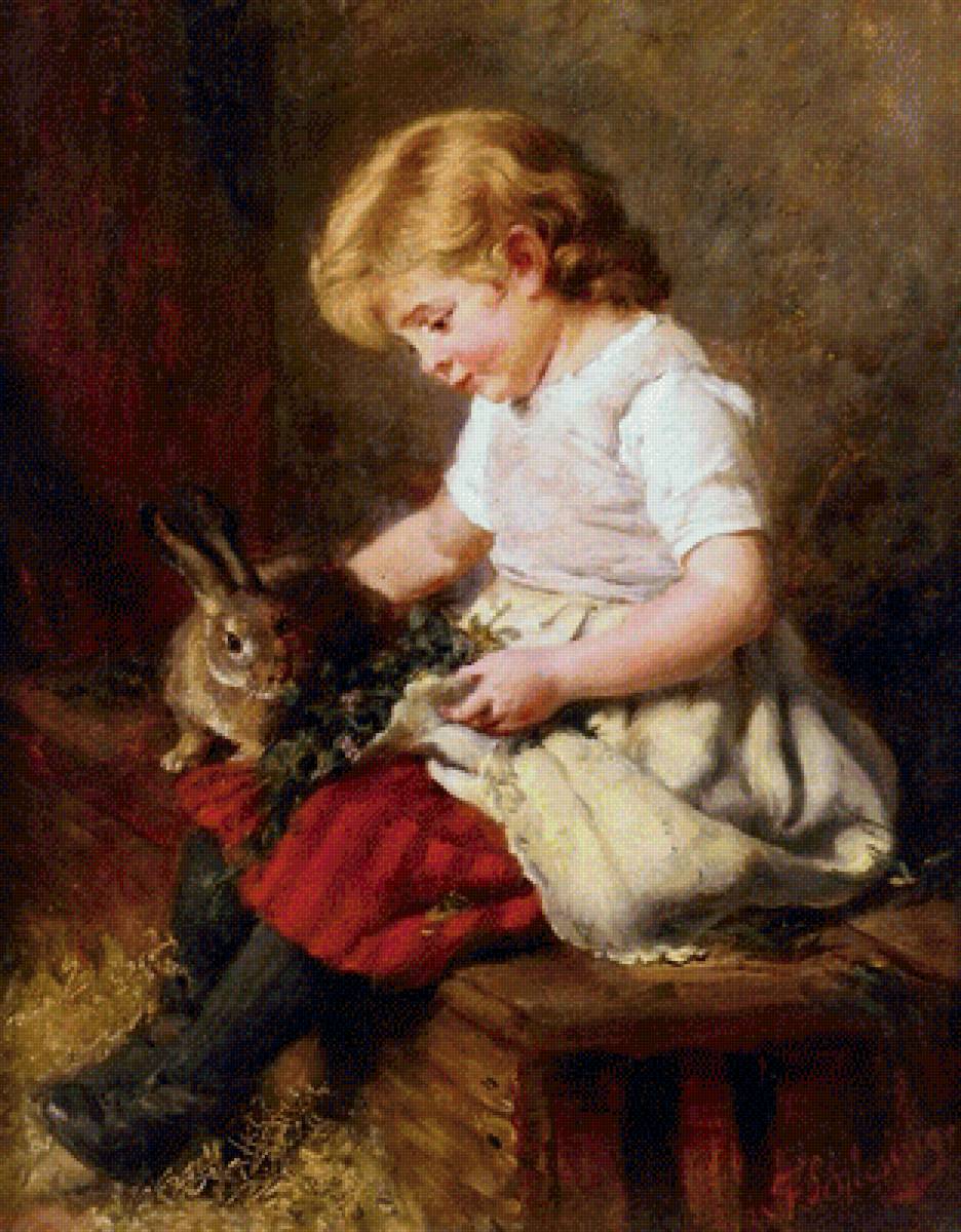 Кормление кролика. Феликс Шлезингер - 19 век, кролик, живопись, портрет, девочка - предпросмотр