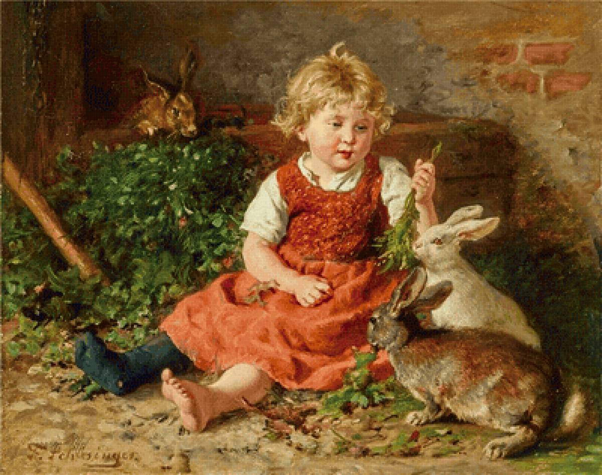 Кормление кроликов. Феликс Шлезингер - 19 век, кролик, живопись, портрет, девочка - предпросмотр
