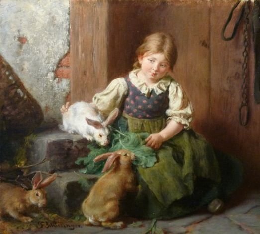 Девочка с кроликами. Феликс Шлезингер - 19 век, живопись, девочка, портрет, кролик - оригинал