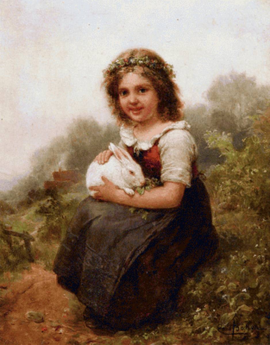 Девочка с кроликом. Карл Шлезингер - живопись, 19 век, портрет, кролик, девочка - предпросмотр