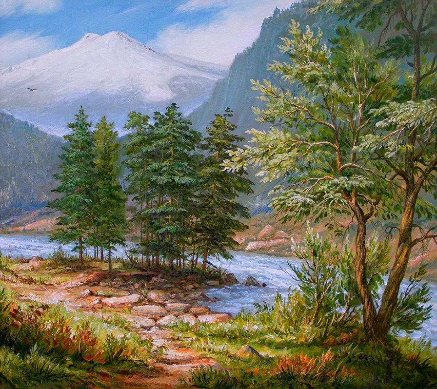 Горный пейзаж - природа, река, лес, горы - оригинал